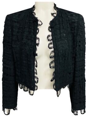 CHANEL BLACK VINTAGE CRUISE 2000 COLLECTION COLLARLESS FLORAL LACE RIBBON TWEED